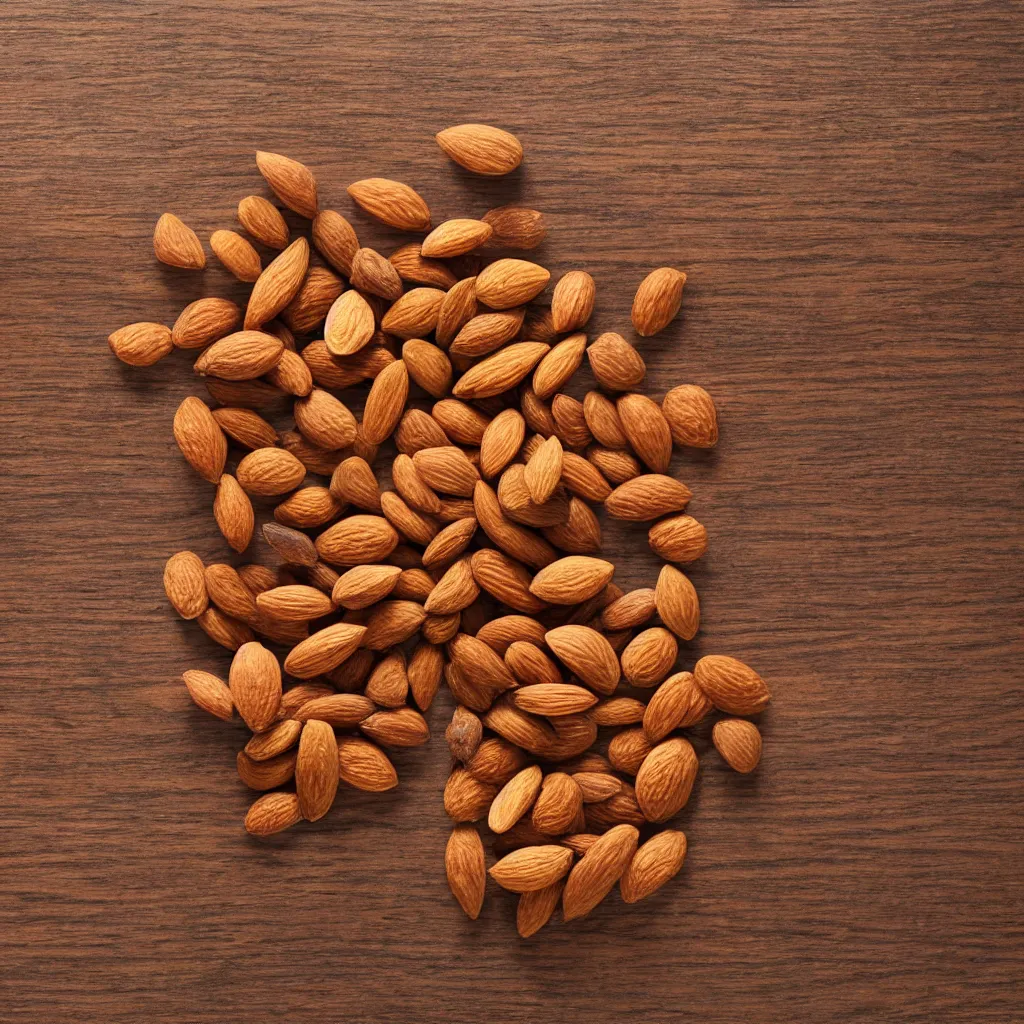 Prompt: top-down view with almonds top of a wooden table, wallpaper, 4k, photorealistic