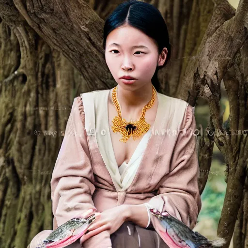 Prompt: portrait of asian girl in the costume of bird, sitting in the tree, jewellery, beautiful face, elegant, stylish, cool, deep gaze, emotionally touching, tenderness, high quality, photo realistic, work in the style of annie leibowitz