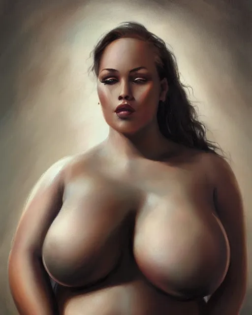 Image similar to upper body portrait of a gorgeous woman, bbw, muscular, wearing bikini. oil on canvas, black oil bath, illustration. beautiful face!!! in the style of charlie bowater, alain aslan, karol bak.