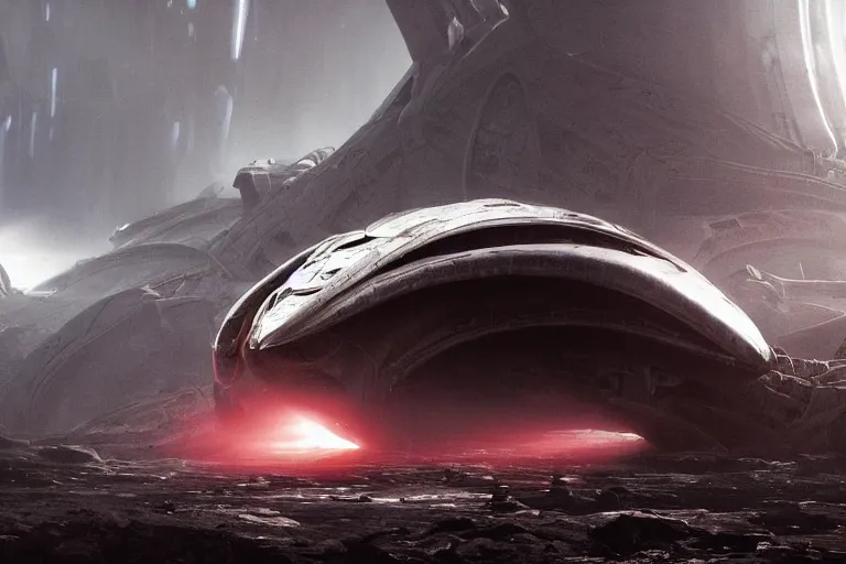 Prompt: a crashed huge alien spaceship on an alien planet in giger style, realistic, octane render, foggy, atmospheric lighting , rays of light, small red lights, wide angle perspective