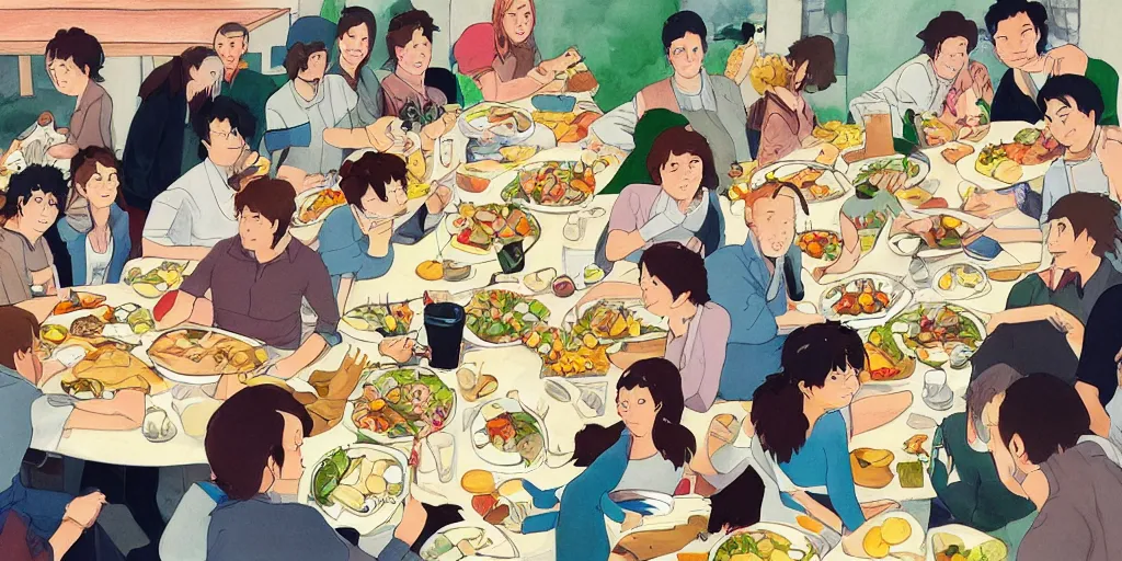Image similar to drawing of work colleagues of a design studio get together to feast on a big table with lots of food in the style of studio ghibli