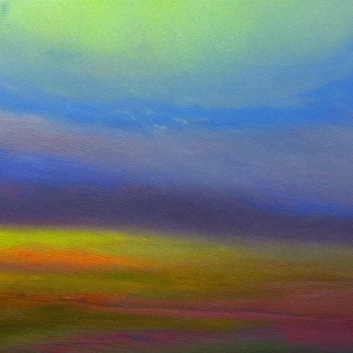 Image similar to impressionistic oil painting of rainbow - hued fog over a valley