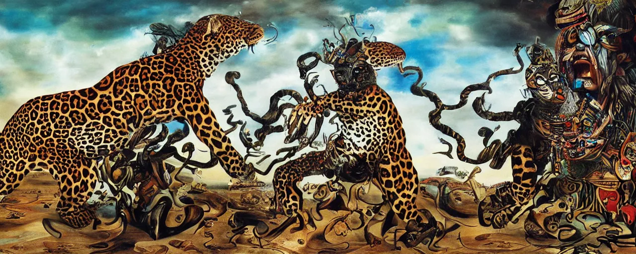 Image similar to an intricated and detailed painting of a shaman turning into a jaguar by salvador dali 4 k render