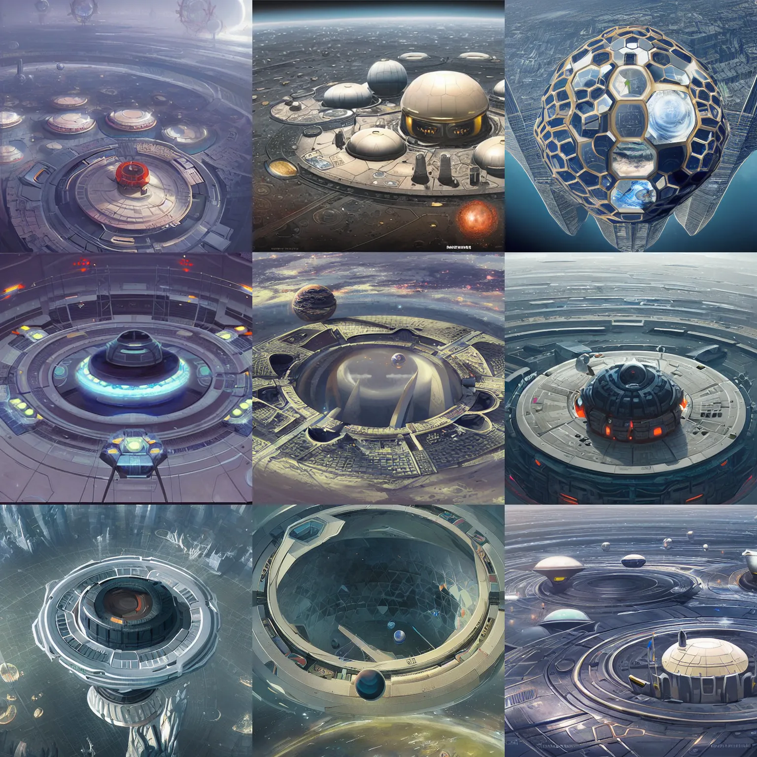 Prompt: hexagonal ring, complex futuristic planetary space station, seen from above, towers, domes, painted by andreas rocha and greg rutkowski