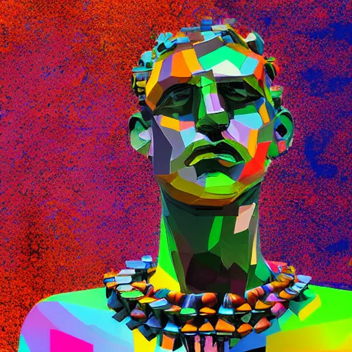 Image similar to statue of man made of many colorful welded metal pieces, 8K, digital art, award winning