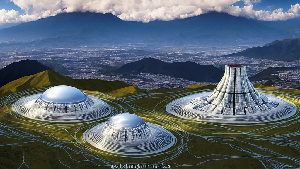 Image similar to Epic Giant Nuclear Reactor over the mountain valley of Quito, Ecuador; by Oswaldo Moncayo and Vincent Callebaut; Art Direction by James Cameron;