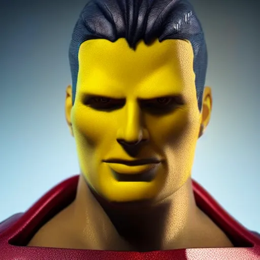 Prompt: still photo of a yellow superman, highly detailed, photorealistic portrait, bright studio setting, studio lighting, crisp quality and light reflections, unreal engine 5 quality render