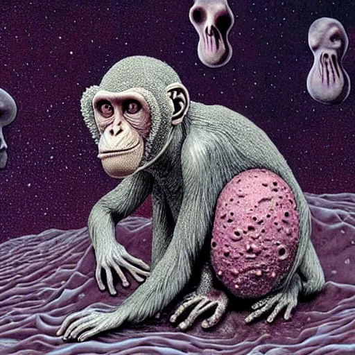 Image similar to measles on a deformed hideous pustule covered monkey, sores, bumps, skin wounds, surface hives, growths, horror, fantasy, highly detailed, by Dan Hillier, ooze, slime, in background nebula of bacteriophages