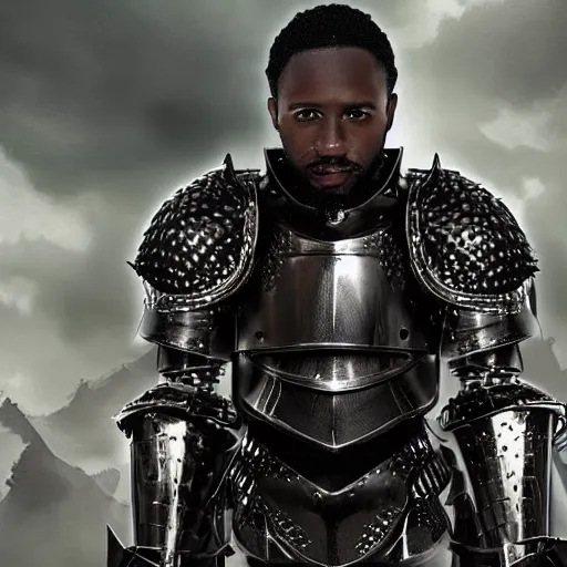 Prompt: a black male scientist wearing knights armour, fearless, facing monsters of unknown data