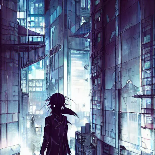 Prompt: feelings of guilt, dark humor, inside the mind, deeply upset + anime and manga matte painting, cyberpunk, geometric abstract art + hajime isayama