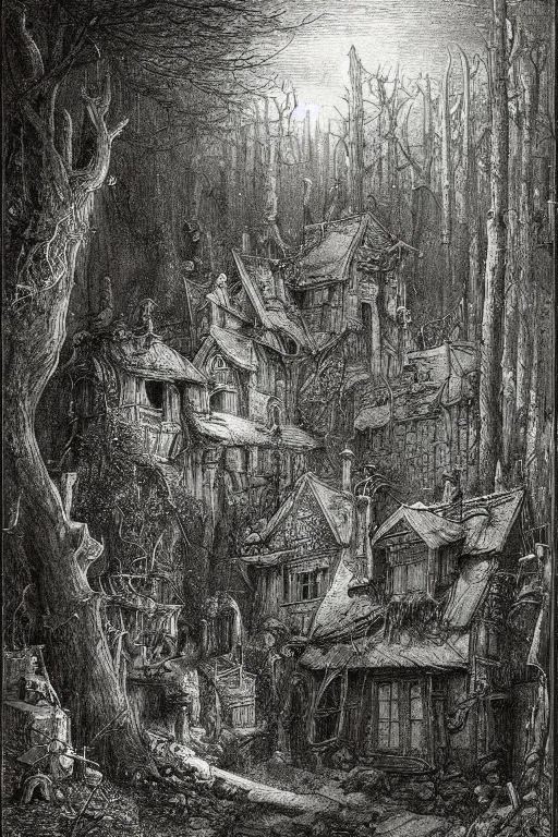 Image similar to a ramshackle multistory fairytale hut in the forest by Gustave Doré