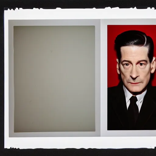 Image similar to agent dale cooper from twin peaks by terry richardson, polaroid photo, white background, direct flash, 4 k,