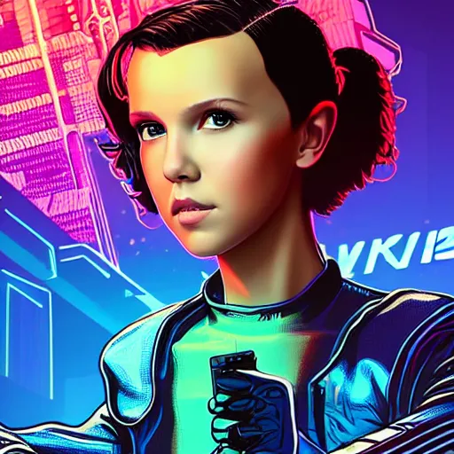 Prompt: Millie Bobby Brown in Cyberpunk 2077 by RossDraws, by Butcher Billy