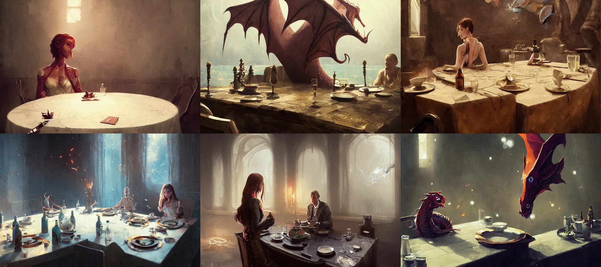 Prompt: portrait of a dragonair at a table happiness is temporary by greg rutkowski