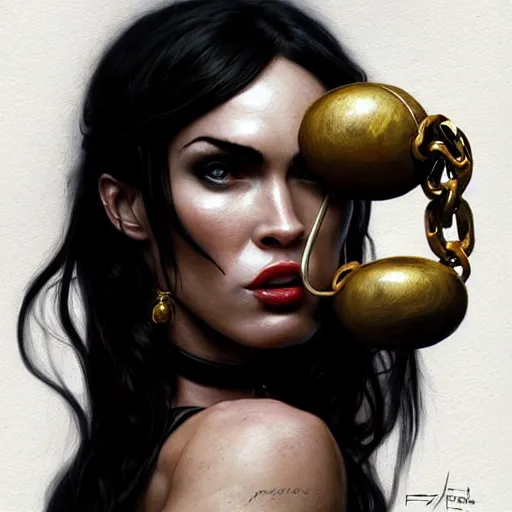 Image similar to portrait of megan fox with ball gag in mouth, muscular upper body, collar, greek, jewelry, black dress, fantasy, intricate, elegant, highly detailed, digital painting, artstation, concept art, matte, sharp focus, illustration, art by aenaluck and roberto ferri and greg rutkowski, epic fantasy, digital painting