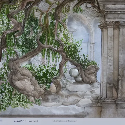 Image similar to delicate marble garden, watercolors on paper, stony, puffy, botanical herbarium, botanic, iridescent, 8 k wide angle, realistic shaded, fine details, artstation, italian, colonnade, oak tree, pinecone, pomegranade, hydrangea, vines, gardena architecture, pompeii