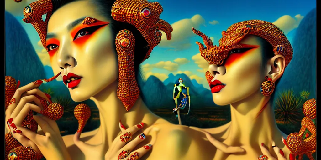 Image similar to giesha demon, innovative avant - garde art, deco fashion, asian women, highly detailed, photorealistic portrait by michael cheval, serene desert setting, crisp quality and light reflections, octane render, taror card with ornate border frame