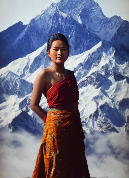 Image similar to hyper realistic and detailed vintage portrait photo of a beautiful 25 year old nepalese woman standing in the sunshine with himalayan peaks behind her by annie leibovitz