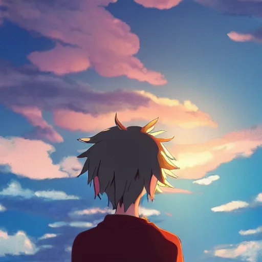 Prompt: Friendly looking guy, sunset sky, made by Studio Ghibli, accent lighting, highly detailed art, beautiful scene, sharp focus, smooth, 8k, anime art