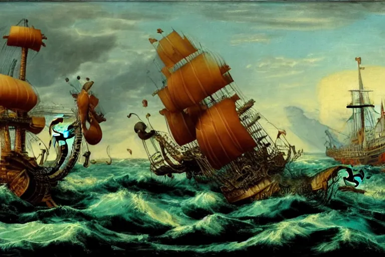 Image similar to A Kraken attacks a ship, Hans Savery the Elder (1626), oil on canvas, detailed brushstrokes