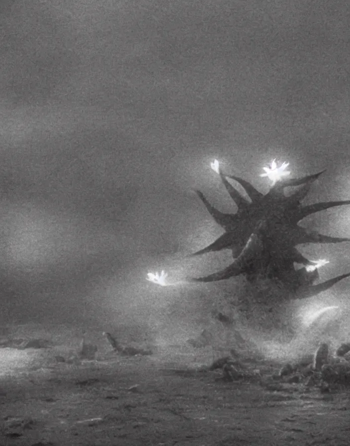 Image similar to a filmstill of a north korean monster movie, kaiju - eiga monster starfish - like trampling a traditional korean palace, foggy, film noir, video compression