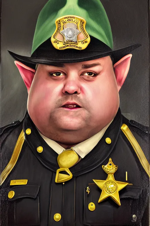 Prompt: high fantasy elf mall cop with a sheriff's badge that is fat, shifty, and incompetent, portrait from the chest up by Carvagio, Oil Painting, hyper realistic,, 8k UHD scan