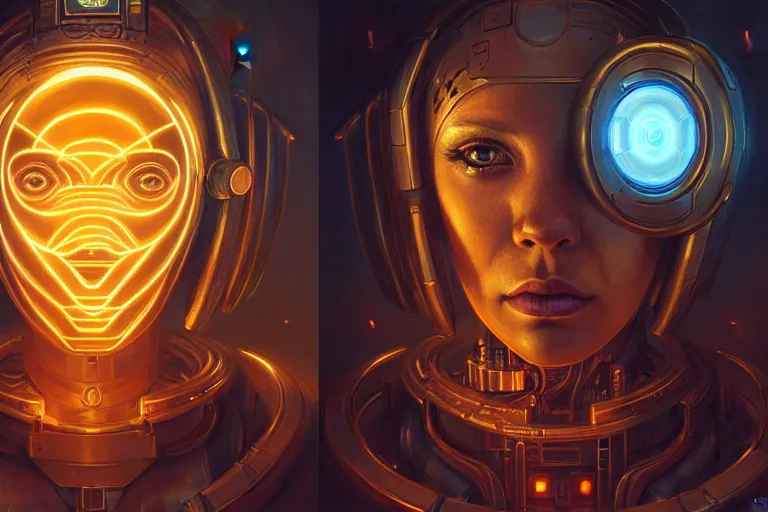 Prompt: a portrait painting of a ai machine god, hearth of the machine in cyberpunk style, symmetrical, golden ratio, energy core, cybernetic shrine, robot religion, realistic shaded lighting, magali villeneuve, artgerm, rutkowski