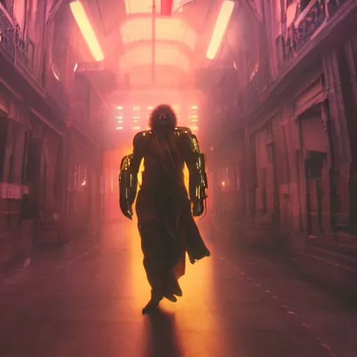 Image similar to electric warrior monks, robed, cyberpunk cathedral, special effects, neon, cyberpunk, realistic, cinematic style, visually stunning, 35mm, film post process