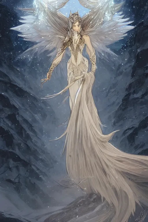 Image similar to azure wolf with wings, standing facing front, regal, elegant, winter, snow, moonlit, hd, illustration, epic, d & d, fantasy, intricate, elegant, highly detailed, digital painting, artstation, concept art, smooth, sharp focus, illustration, wallpaper, art by artgerm and greg rutkowski and alphonse mucha and jin xiaodi