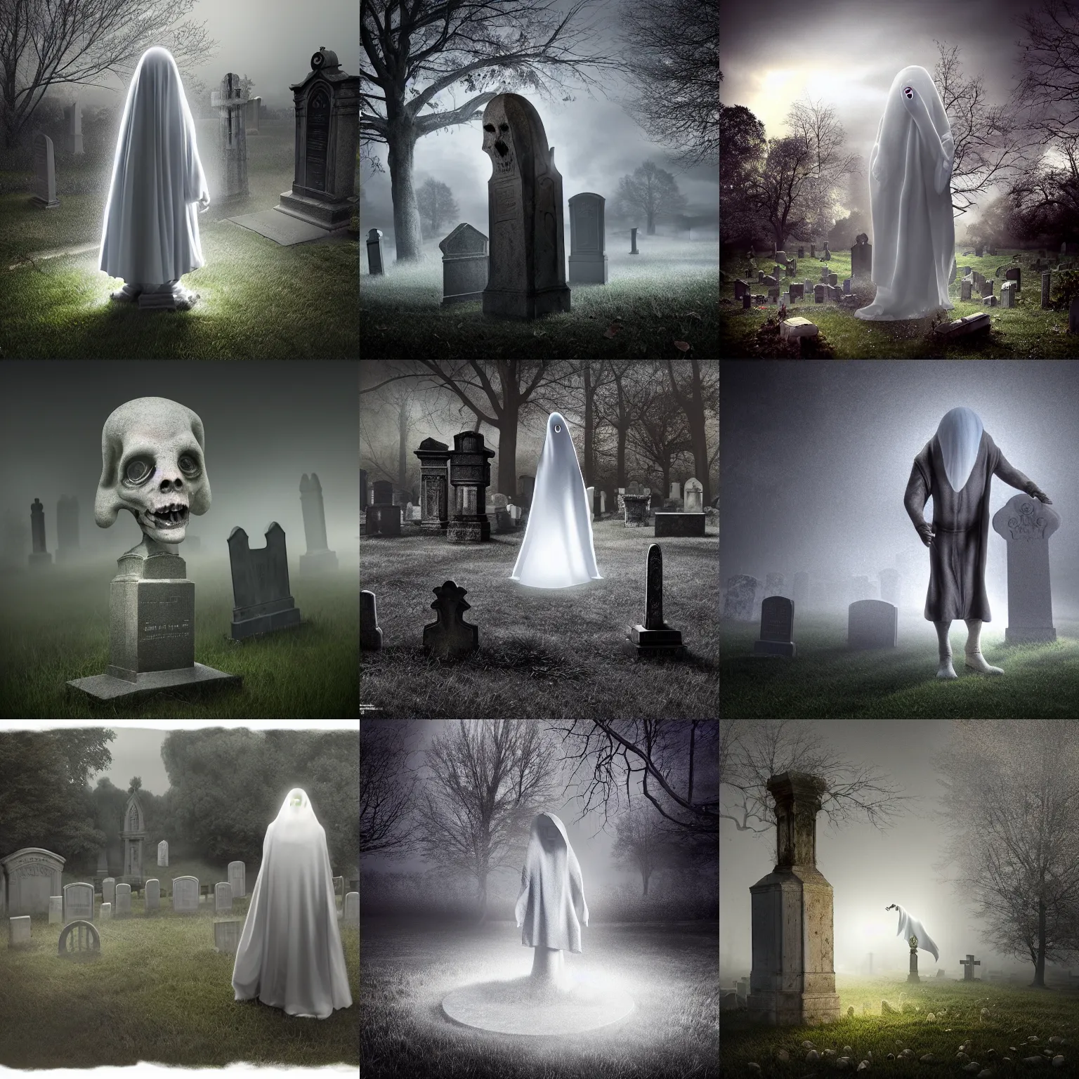 Prompt: a mike campau photo - realistic render of a strange ghost in a graveyard