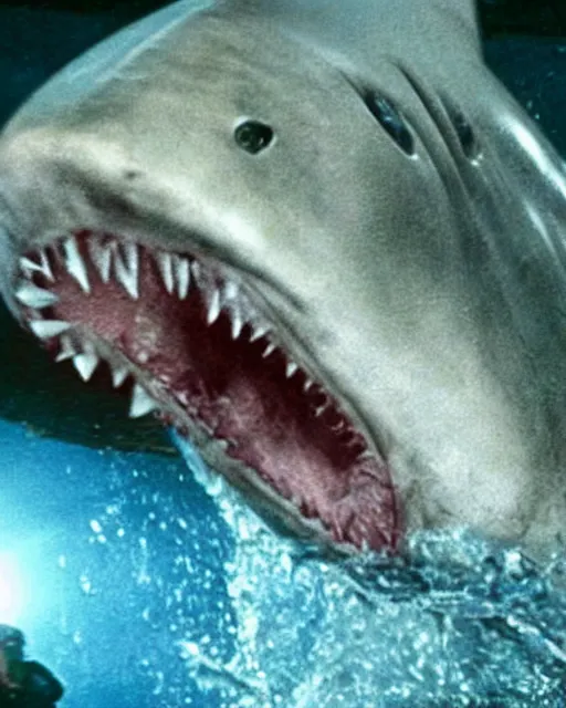 Image similar to film still close up shot of dwayne johnson wrestling with a shark in the movie jaws. photographic, photography