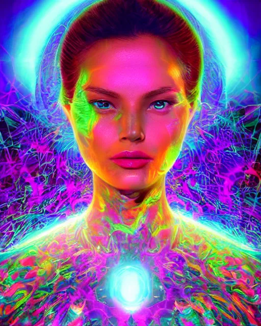 Image similar to a powerful energy psychedelic holographic matrix woman, by alexander fedosav, hyper detailed digital matte painting, concept art, hyperrealism, 1 6 k resolution, cinema 4 d, 8 k resolution, trending on artstation, behance hd, a masterpiece, by stephan martiniere, particles, cel - shaded, power bright neon energy, by david a. hardy,