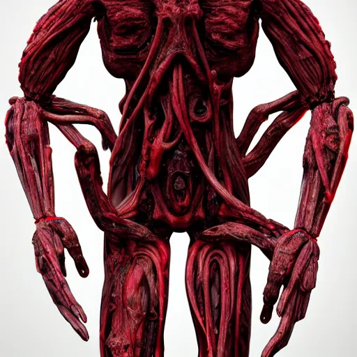 Image similar to octane render of a body horror humanoid, sharp dark shadows, black and red color palette by trevor henderson and junji ito