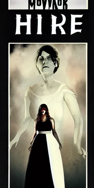 Image similar to Movie poster for a horror film about a tall scary woman in a white dress, 1978