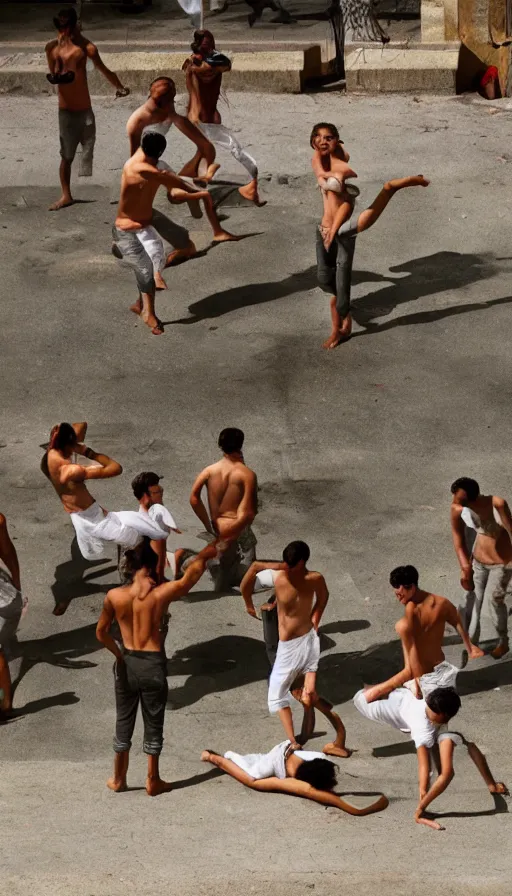 Prompt: wild animals playing capoeira in figueres city, national geographic photograph,