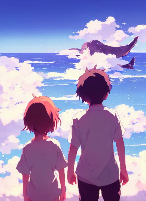 Image similar to boy and girl watching whales on sky, illustration concept art anime key visual trending pixiv fanbox by wlop and greg rutkowski and makoto shinkai and studio ghibli