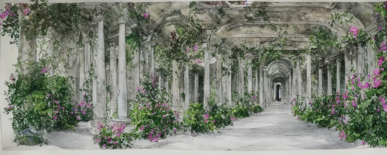 Prompt: isomeric view, delicate marble in a botanic garden, stony road, on a botanical herbarium paper, watercolor colored painting, iridescent colors, 8 k, realistic shaded, fine details, artstation, italian style, colonnade, vines, flowers, gardena architecture, pompeii