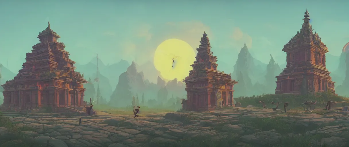 Prompt: A beautiful temple in honor of ancient anthropomorphic Feline warriors by Simon Stalenhag | Graphic Novel, Visual Novel, Colored Pencil, Comic Book:.3 | unreal engine:.5 | establishing shot