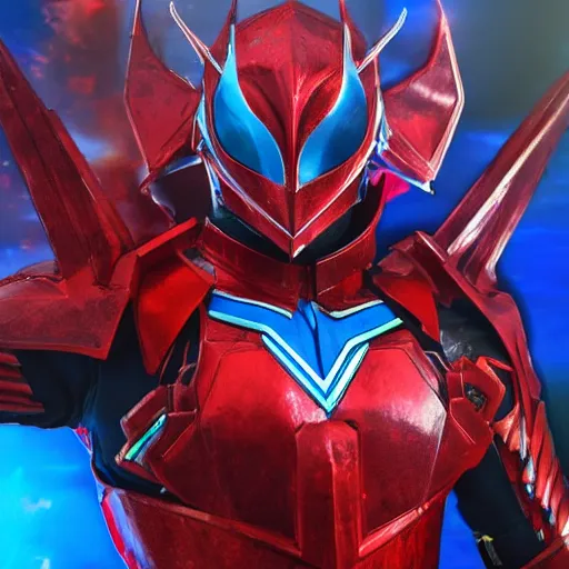Image similar to High Fantasy Kamen Rider, blue armor with red secondary color, 4k, glowing eyes, daytime, grid textured armor plating, rubber suit, dragon inspired armor