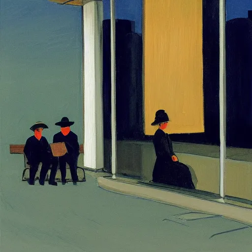 Prompt: a some people waiting in a lone bus stop in quiet dark city night painted by Alex Katz and Edward Hopper, high quality, high resolution,detailed