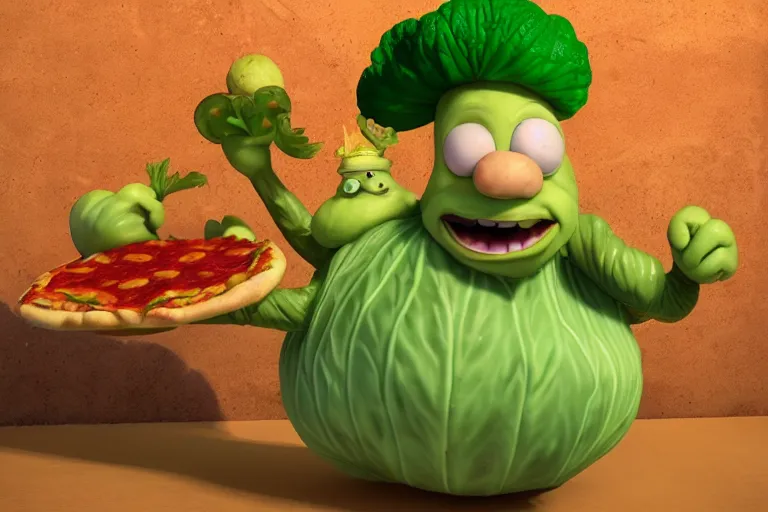 Image similar to cabbage character, walruss character, fat, king, crown, pizza, wood fired oven, cooking pizza, high heat, highly detailed 3 d render, artstation, surrealism, pixar