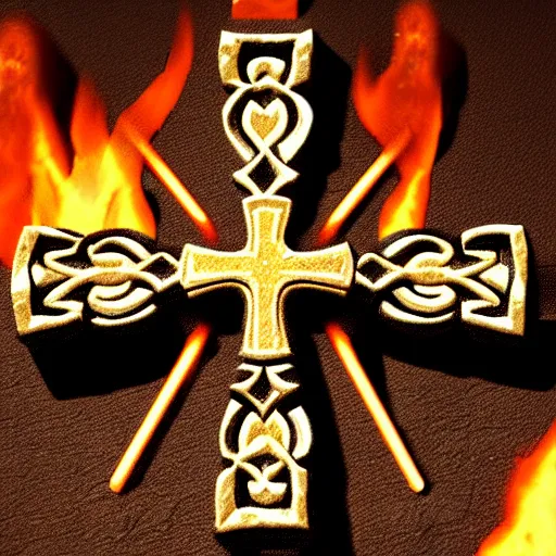 Image similar to intricate detail of a cross embeded in a stone with fire sparkles around, concept art, highly detailed, artstation, cinematic,