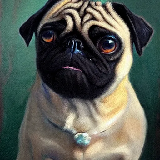 Image similar to oil painting, a pug with gothic emo hair, intricate, masterpiece, artstation, stunning