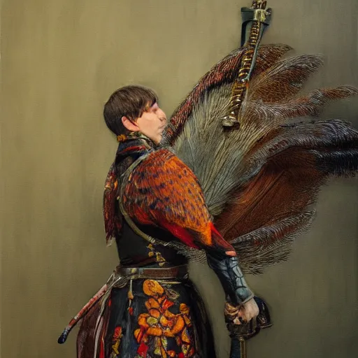 Image similar to a pheasant is girded with a belt, a sword hangs on the belt, by lily seika jones , rivuletpaper art, top cinematic lighting, cinematic mood, very detailed, shot in canon, by Viktor Vasnetsov, oil painting, harsh fairy tale, soft style, hyperrealism, beautiful, high resolution, trending on artstation, steps 50