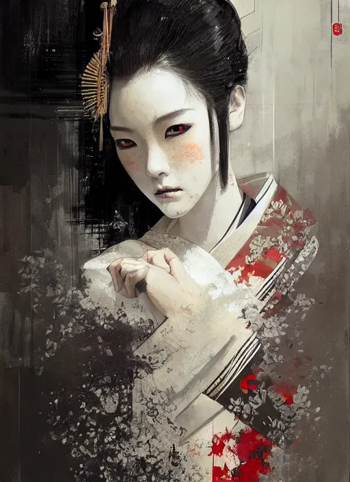 Image similar to female geisha girl, beautiful face, rule of thirds, intricate outfit, symmetrical, spotlight, by greg rutkowski, by jeremy mann, digital painting