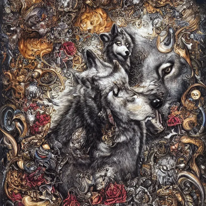 Image similar to a wolf in the style of a hard rock album art cover, in many colors, insanely detailed and intricate, hypermaximalist, elegant, ornate, luxury, elite, by james jean, by brian froud, hyper realistic, super detailed, flickr, filmic, cryengine