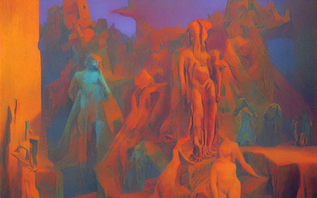 Image similar to colorized movie still from Metropolis, oil painting by zdzisław beksiński, iridescent color palette chromatic aberration