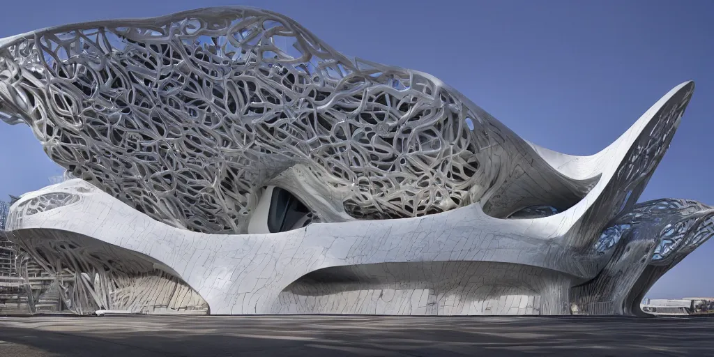 Image similar to extremely detailed ornate stunning beautiful elegant futuristic museum exterior by Zaha Hadid