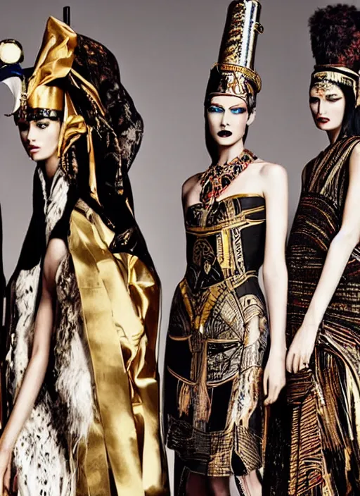 Prompt: A fashion editorial spread in a high fashion magazine with the models styled as ancient Egyptian gods and goddesses