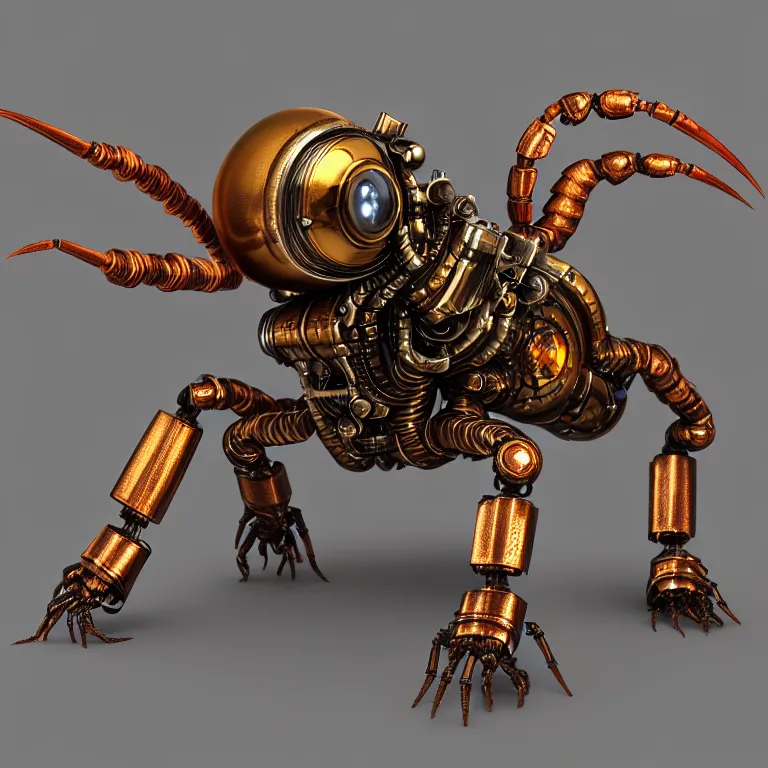 Image similar to steampunk robot scorpion, 3 d model, unreal engine realistic render, 8 k, micro detail, intricate, elegant, highly detailed, centered, digital painting, artstation, smooth, sharp focus, illustration, artgerm, wlop